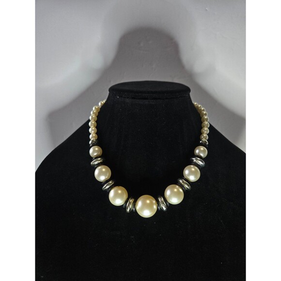 Silver Tone Necklace with Large Graduated Faux Pearls and Silver Tone Spacers - Picture 2 of 4